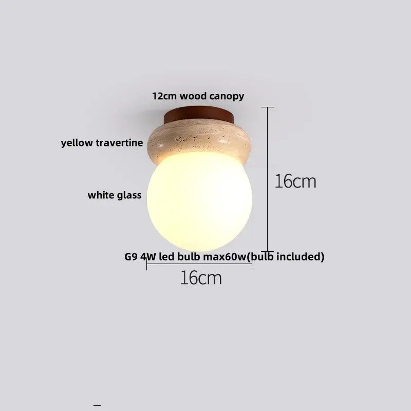 Modern travertine glass ball led ceiling light with wood canopy and yellow travertine base for bedroom decorbites ceiling light