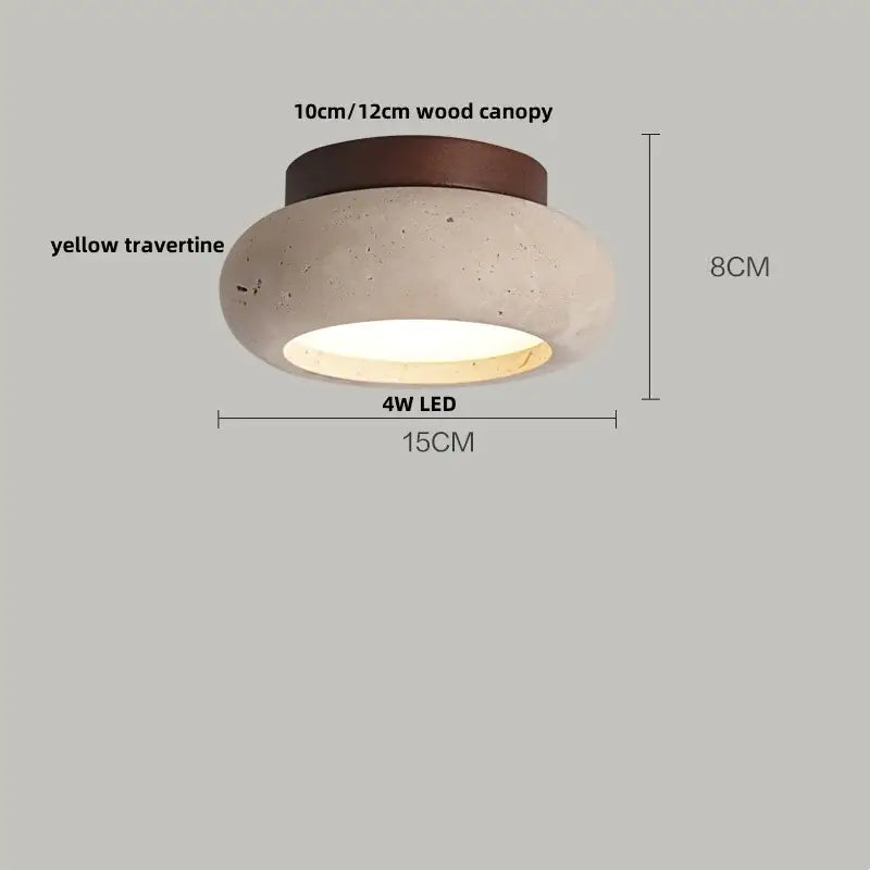 Modern travertine glass ball led ceiling light with textured yellow travertine body and dark wood canopy for bedroom decorbites
