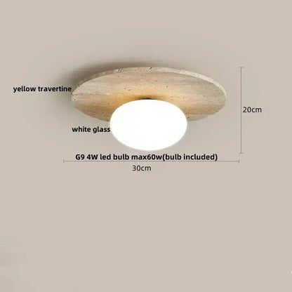 Modern ceiling light with circular yellow travertine base and central white glass ball led decorbites glass ball fixture
