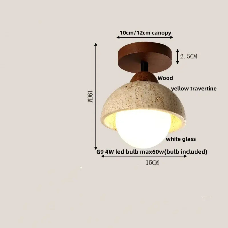 Modern travertine glass ball led ceiling light with dark wood canopy yellow travertine shade and white glass globe decorbites glass ball