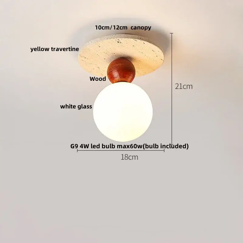 Modern ceiling light with yellow travertine canopy, polished wood sphere, and frosted glass ball led for diffused glow decorbites glass ball