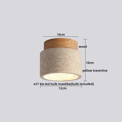 Modern travertine glass ball led ceiling light with natural wood top and textured yellow travertine body for bedroom decorbites