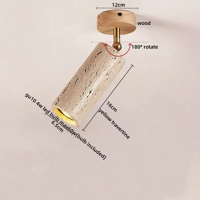 Modern travertine glass ball led ceiling light with yellow cylindrical travertine shade, wooden base, and 180-degree rotation