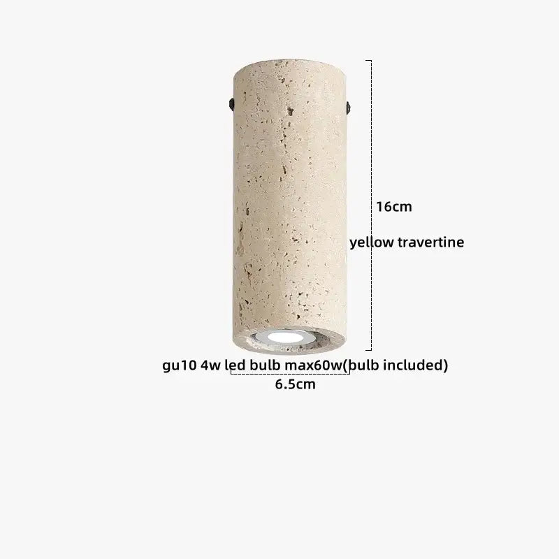 A yellow cylindrical travertine wall-mounted ceiling light with textured stone surface and integrated gu10 glass ball led bulb