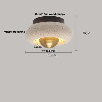 Modern ceiling light with textured yellow travertine shade, copper accent ring, and 4w glass ball led chip by decorbites