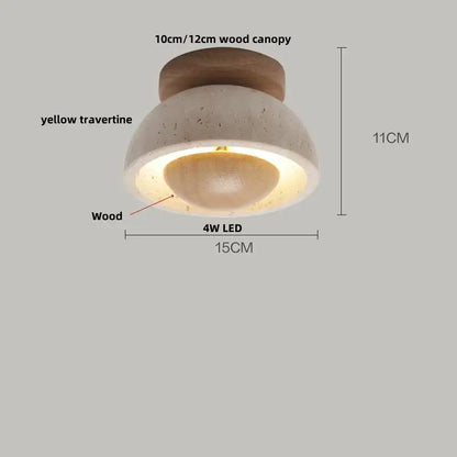 Modern travertine glass ball led ceiling light with warm yellow glow, wooden canopy, and wood base for bedroom decorbites
