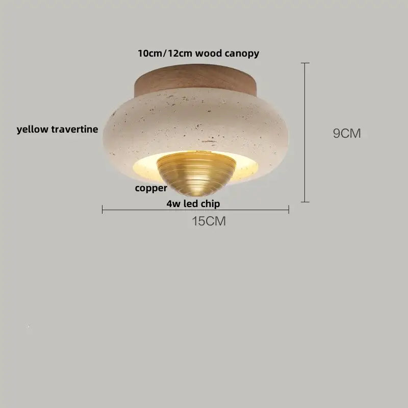 Modern travertine glass ball led ceiling light with yellow travertine shade wood canopy and copper-finished led chip