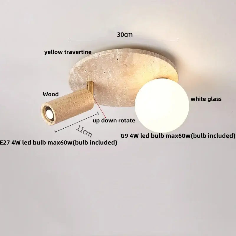 Modern travertine glass ball led ceiling light with yellow travertine base and wooden arm for bedroom decorbites ceiling light