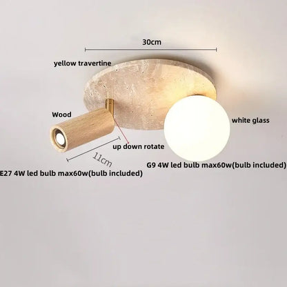 Modern travertine glass ball led ceiling light with yellow travertine base and wooden arm for bedroom decorbites ceiling light