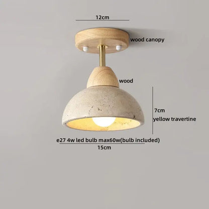 Rustic ceiling light with natural wood canopy and yellow travertine dome shade for modern decorbites glass ball led lighting