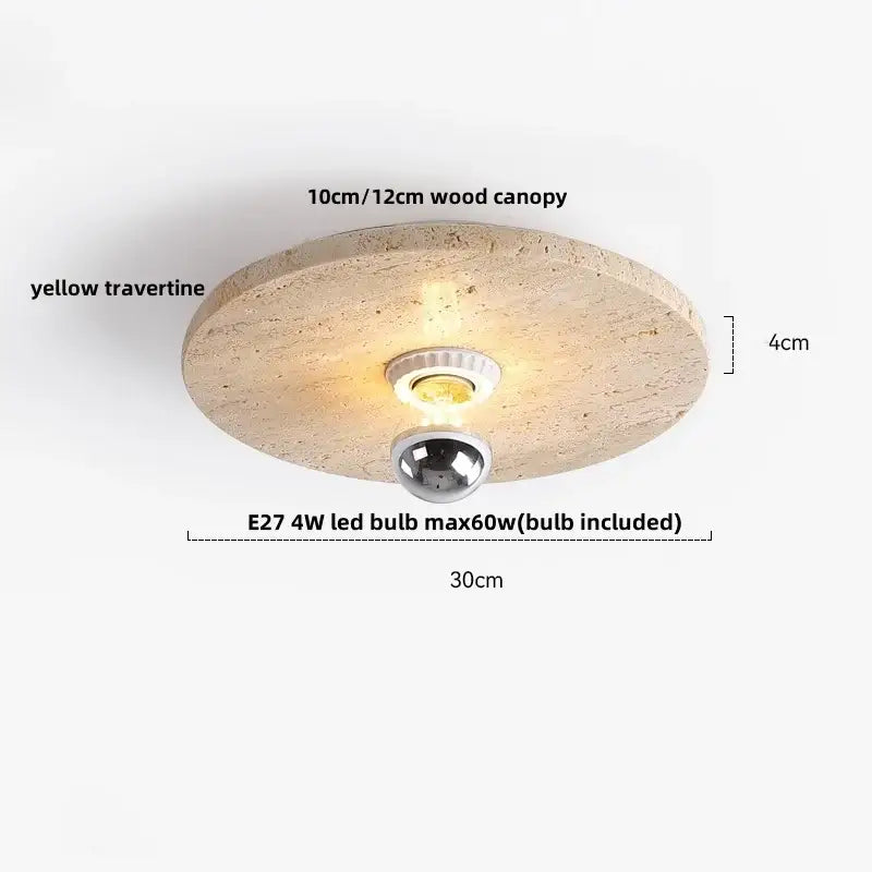 Modern travertine glass ball led ceiling light with yellow travertine wood canopy and metallic bulb holder for bedroom decorbites ceiling light