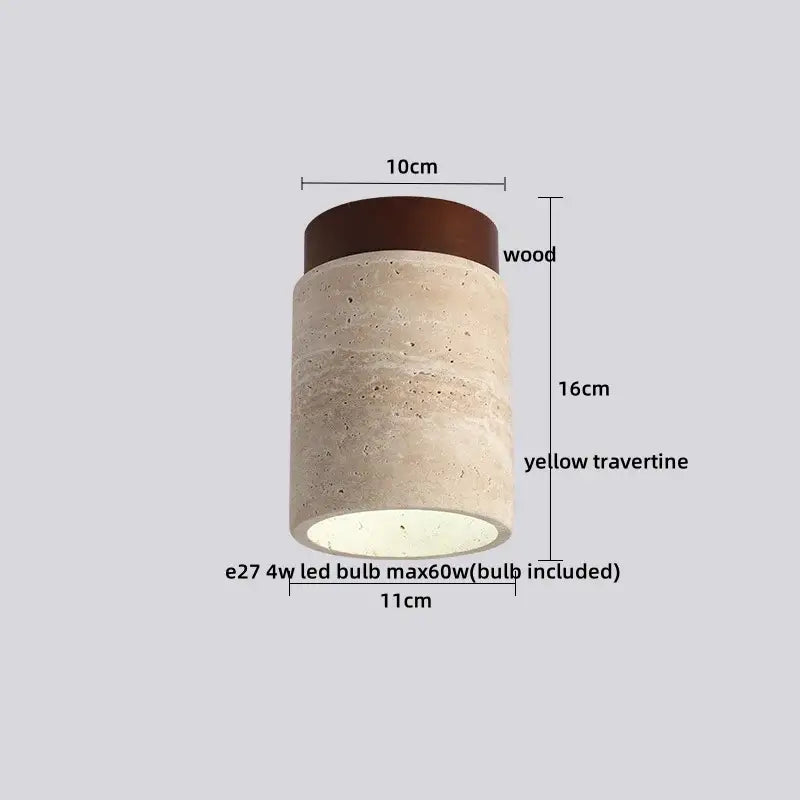 Modern travertine glass ball led ceiling light with dark wood top and textured yellow travertine body decorbites glass ball