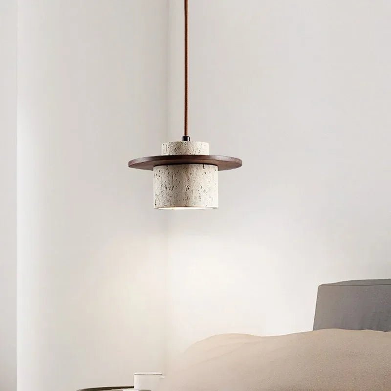 Modern Travertine Stone Pendant Light With Walnut Accent - Decorbites