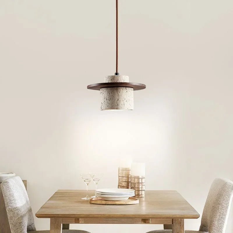 Modern Travertine Stone Pendant Light With Walnut Accent - Decorbites