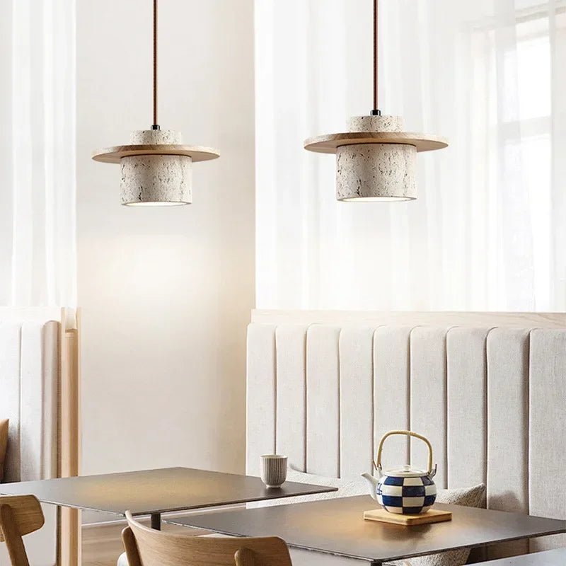 Modern Travertine Stone Pendant Light With Walnut Accent - Decorbites