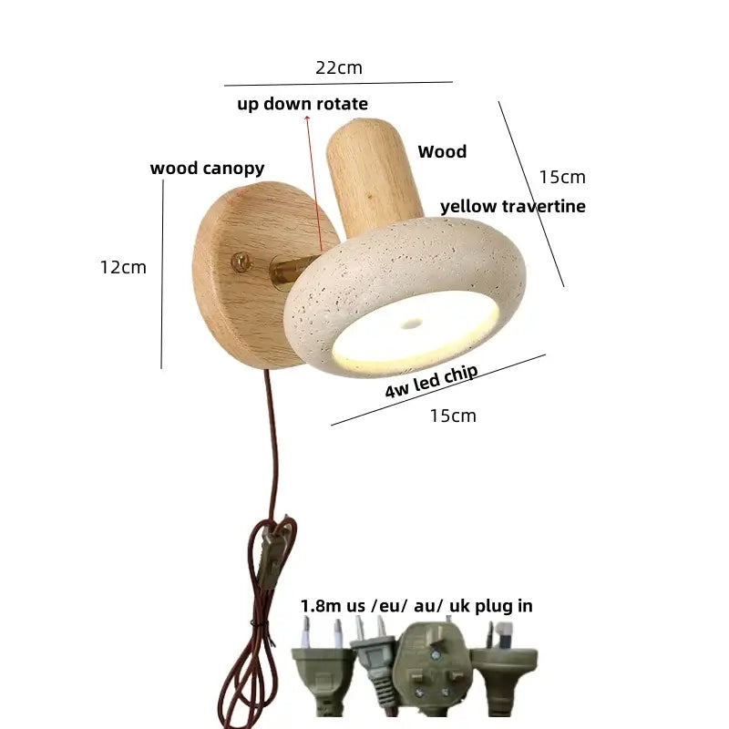Modern travertine and wood wall light fixture with yellow shade and adjustable rotation for bedroom use with pull chain switch