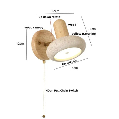Modern travertine and wood wall light fixture with yellow travertine shade and adjustable rotation for bedroom use