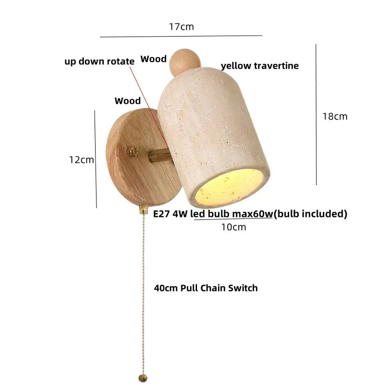 Modern travertine and wood wall light fixture with yellow travertine shade and up-down rotating design for bedroom use