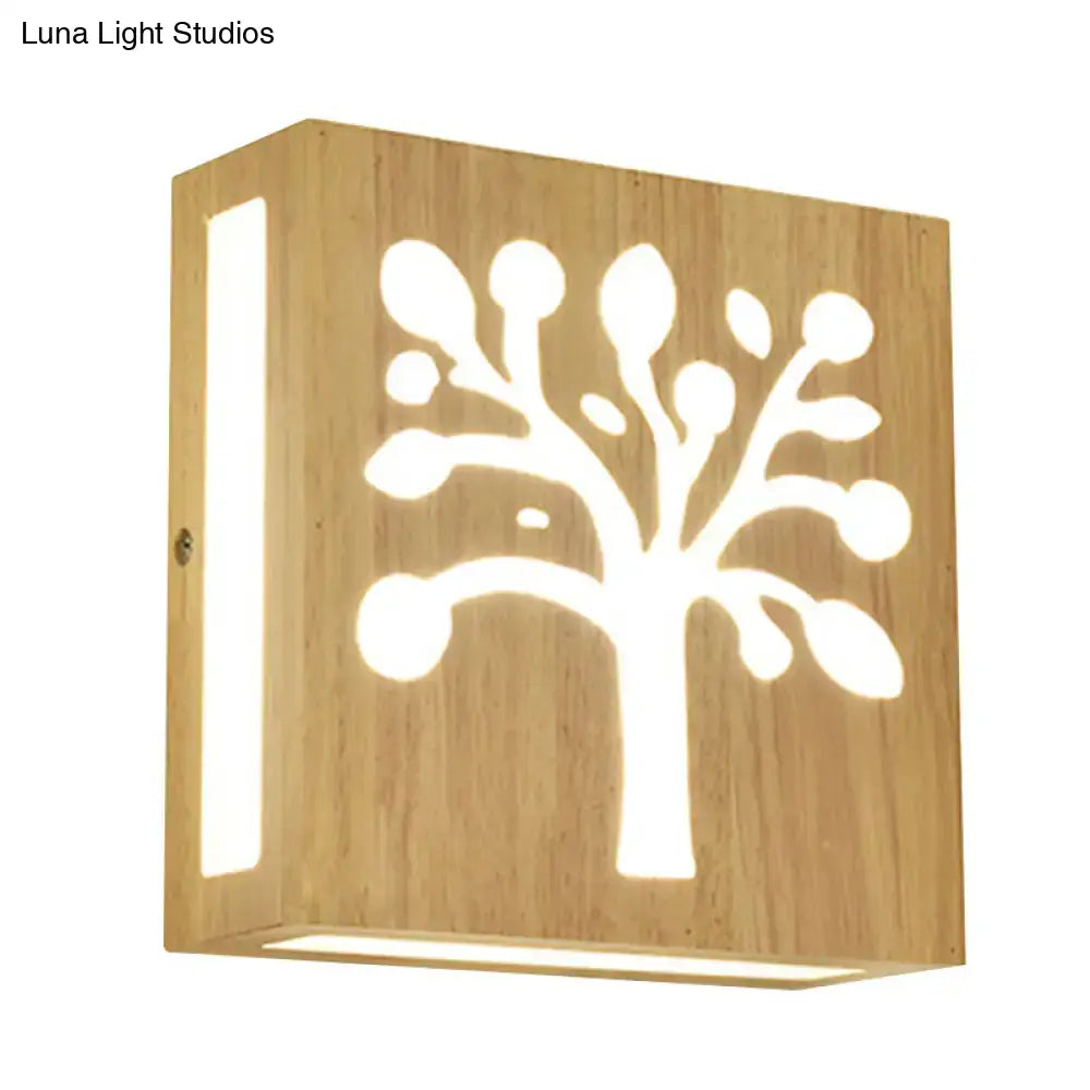 A square natural wood wall light with tree cut-out design, direct wired electric for bedroom, max bulb wattage compatible