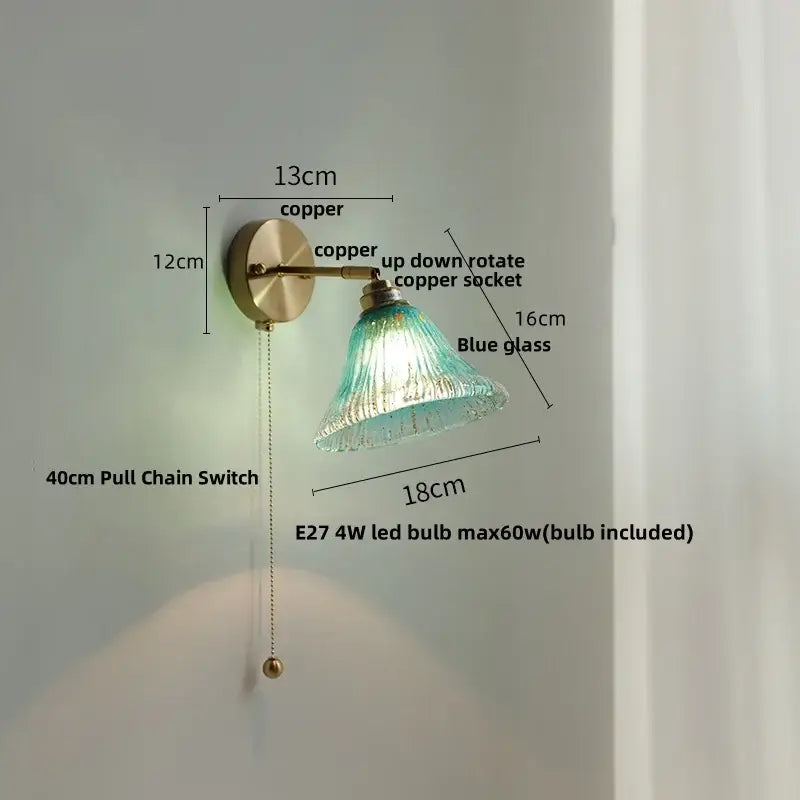 Modern turquoise blue glass wall sconce with copper finish and decorbites blue glass ridged shade for bedroom pull chain light