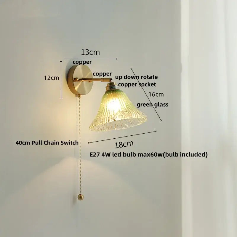 Modern turquoise blue glass wall sconce with copper metal frame and elegant green decorbites blue glass shade for bedroom