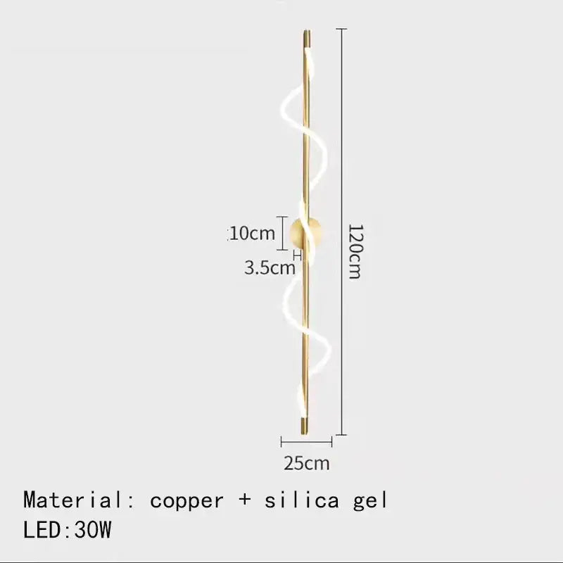 A sleek 120cm copper and silica gel spiral led wall light with warm glow for modern dimming wall lights decorbites