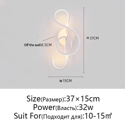 Modern twisted black and white led wall lamps with minimalist treble clef design for bedroom and living room lighting