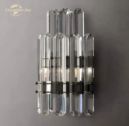 Modern two tier crystal led wall sconce with faceted clear glass rods and black metal accents for bedroom decorbites crystal led