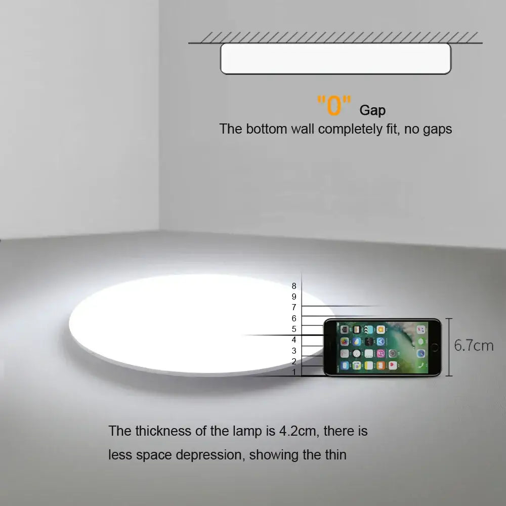 Modern ultra thin white led ceiling light with 4.2cm slim design shown next to iphone for scale decorbites led ceiling light