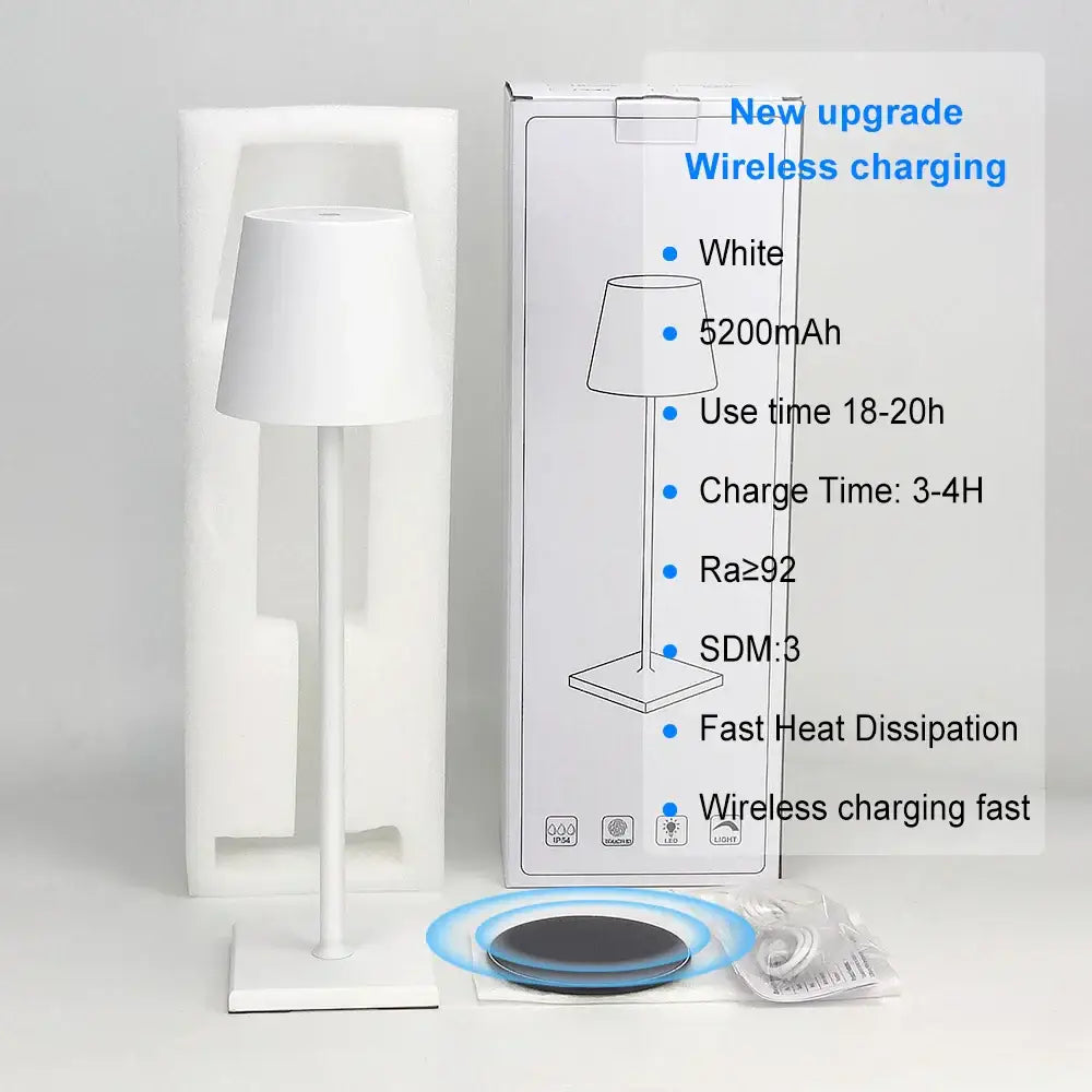 White minimalist usb rechargeable acrylic table lamp with sleek modern design and wireless charging pad for bedroom use