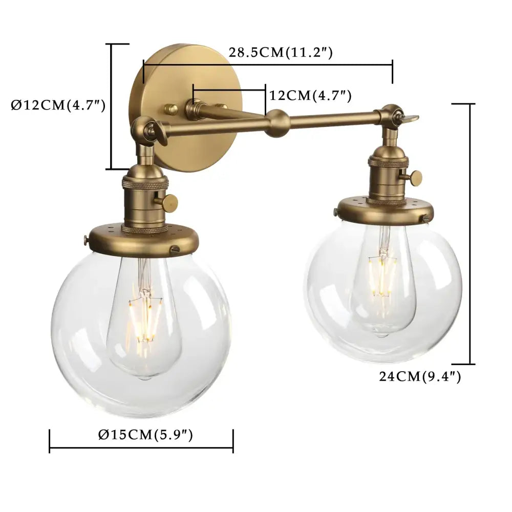 Modern vintage brass double ball heads wall sconce with clear glass globe shades and exposed filament bulbs for bedroom light