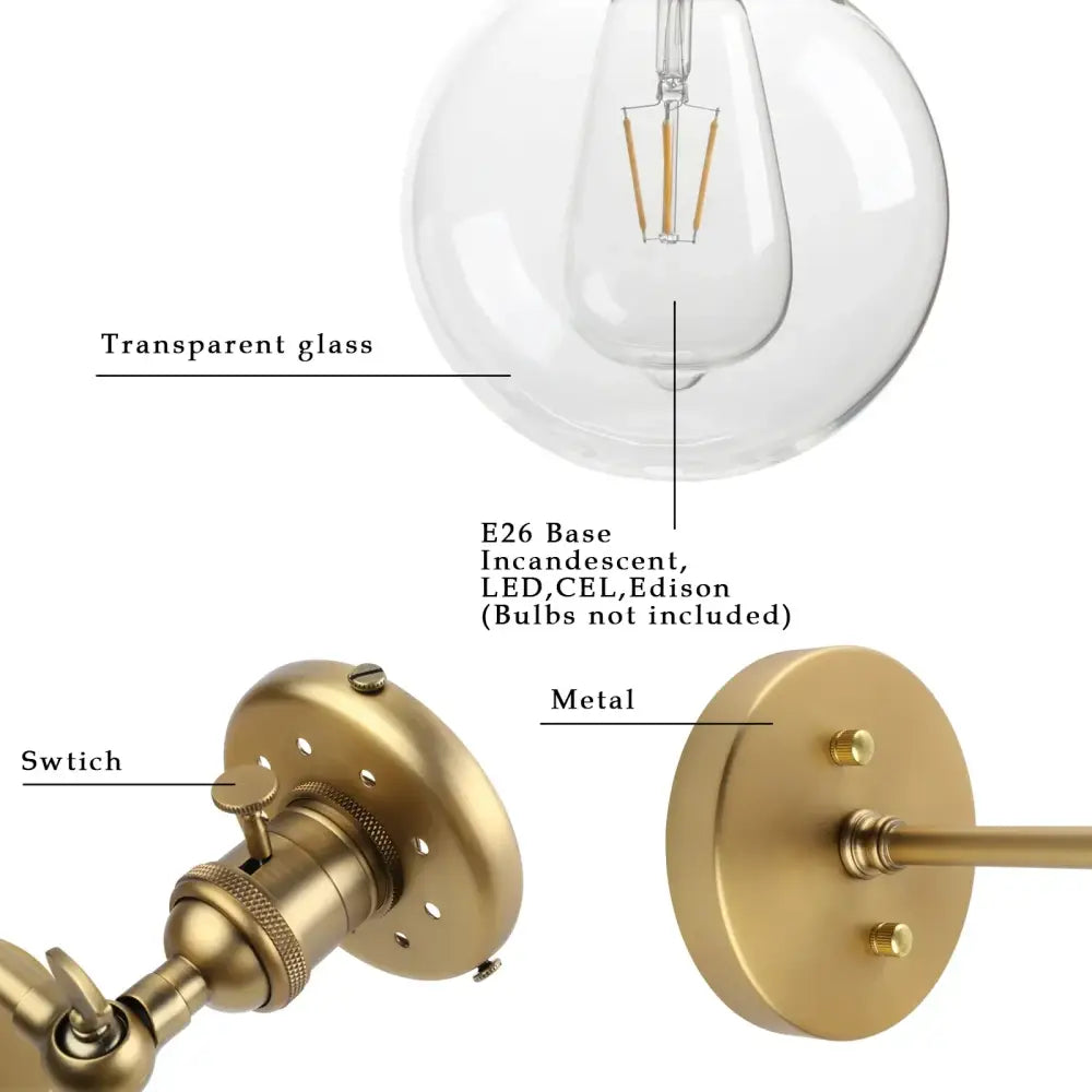 Modern vintage brass wall sconce with double ball heads and clear glass ball heads globe for bedroom lighting