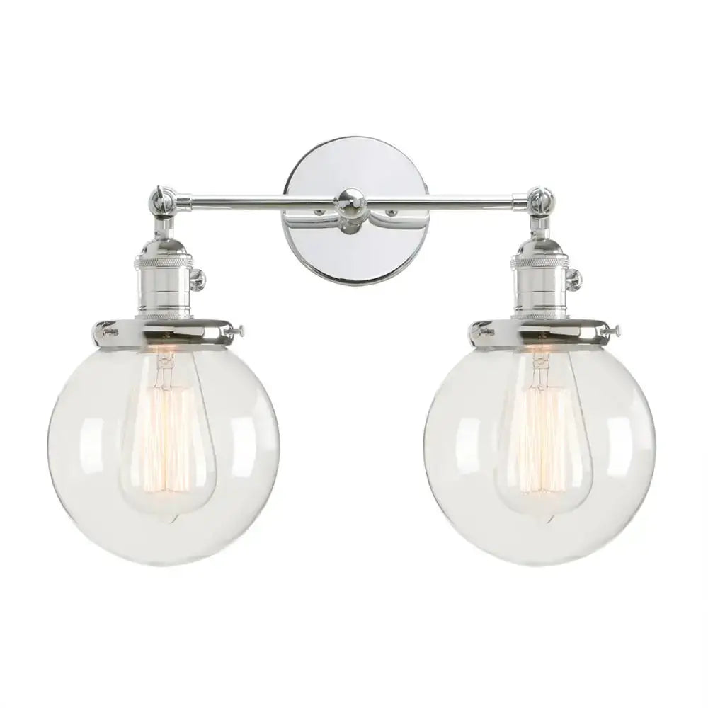 Modern vintage brass wall sconce with chrome finish double ball heads globe and exposed filament bulbs for bedroom lighting