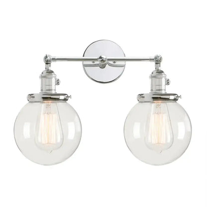 Modern vintage brass wall sconce with chrome finish double ball heads globe and exposed filament bulbs for bedroom lighting
