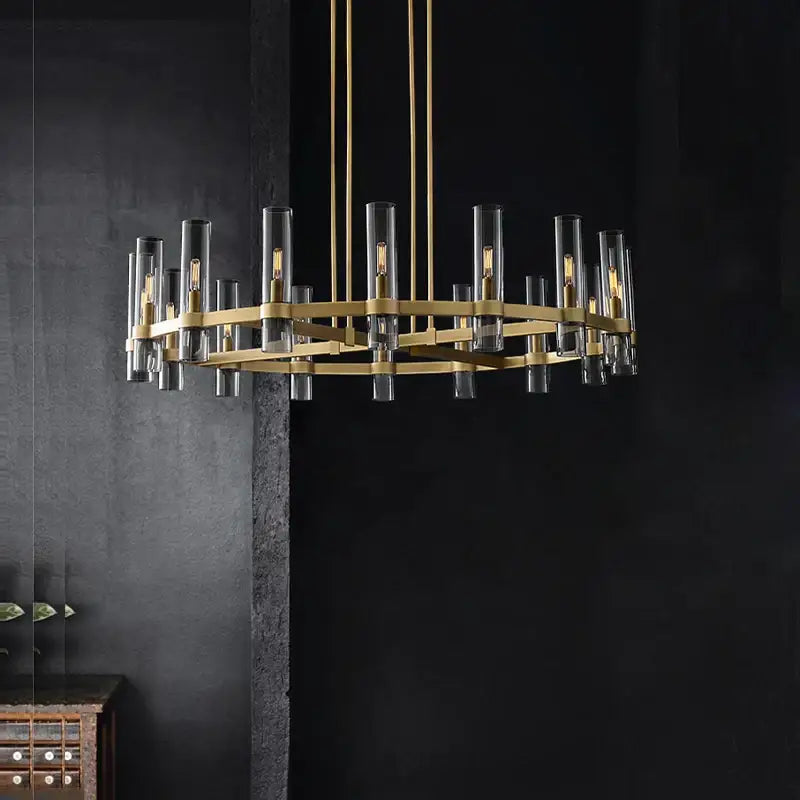Modern vintage gold 2-layer chandelier lighting with brass and clear glass tubes for dining room chandelier lighting