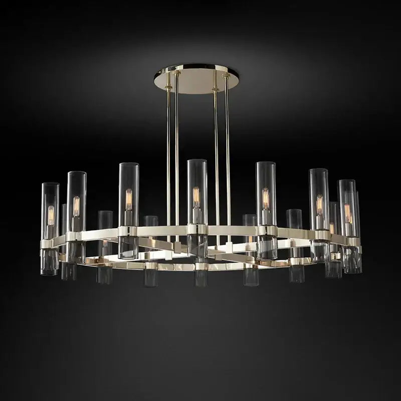 Modern vintage gold 2-layer chandelier lighting with polished brass arms and glass cylinders for dining room ambiance