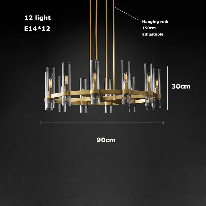 Modern vintage gold 2-layer chandelier lighting with 12 clear glass cylinders and adjustable rod for dining rooms