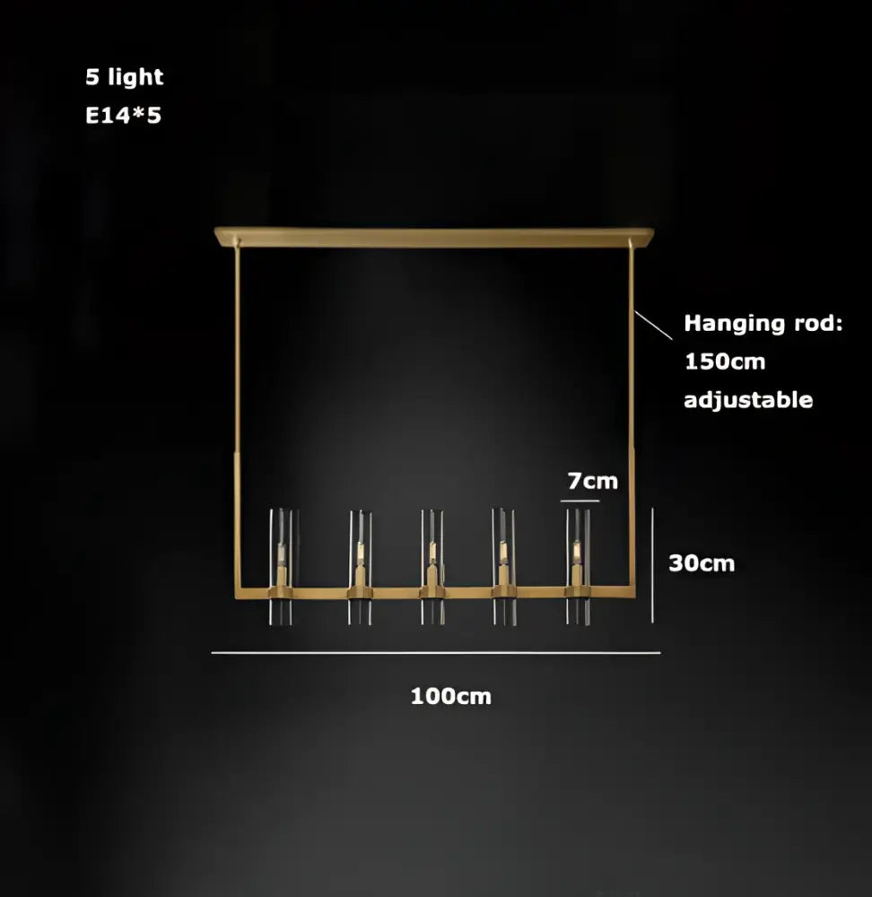 Modern vintage gold 2-layer chandelier lighting with five e14 bulbs in clear glass cylinders for dining room use