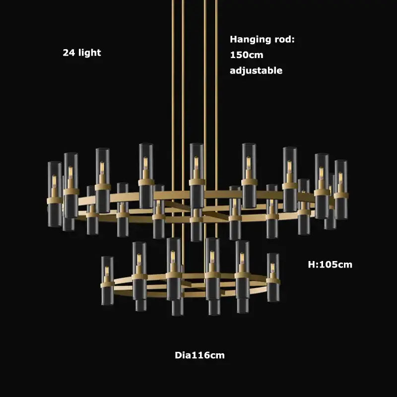 Modern vintage gold 2-layer chandelier lighting with gold metal frames and black glass shades for dining room chandelier lighting
