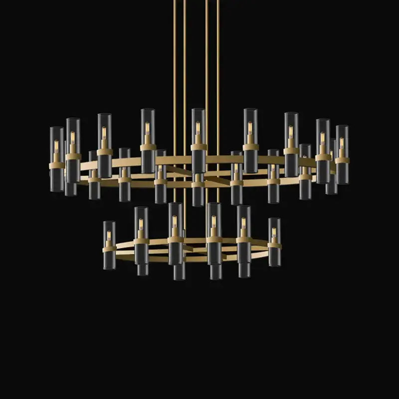 Modern vintage gold 2-layer chandelier lighting with gold-toned metal frames and black glass shades for dining room