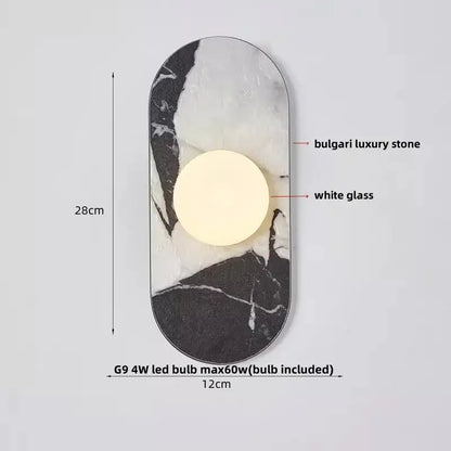 Modern wabi sabi black and cream resin led wall lamp with black and white marble pattern and circular white glass panel