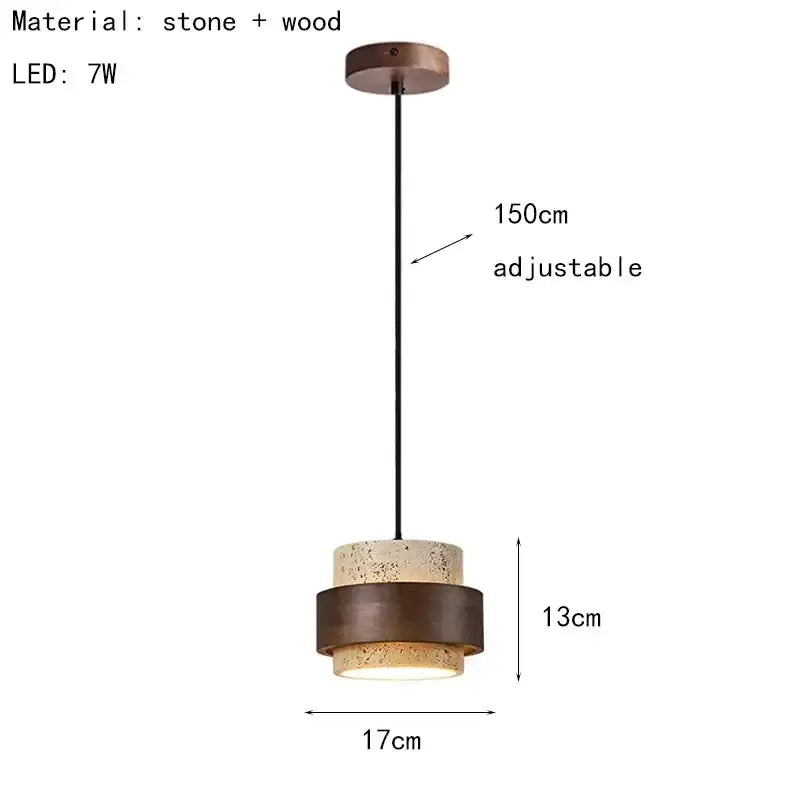 Modern wabi sabi tiered stone pendant light with warm-toned wood layers and adjustable black cord pendant for dining room