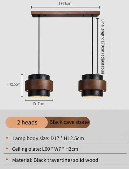 Modern wabi sabi tiered stone pendant light with black travertine, solid wood, and warm wooden rings for dining room use