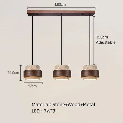 Modern wabi sabi tiered stone pendant light with rustic stone and metal accents in white and gray for dining room use