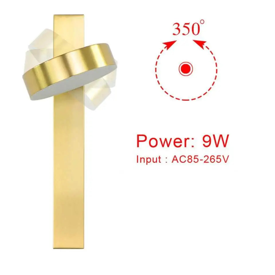Gold-finished modern wall sconce with a sleek minimalist design and a 350-degree adjustable rotating head