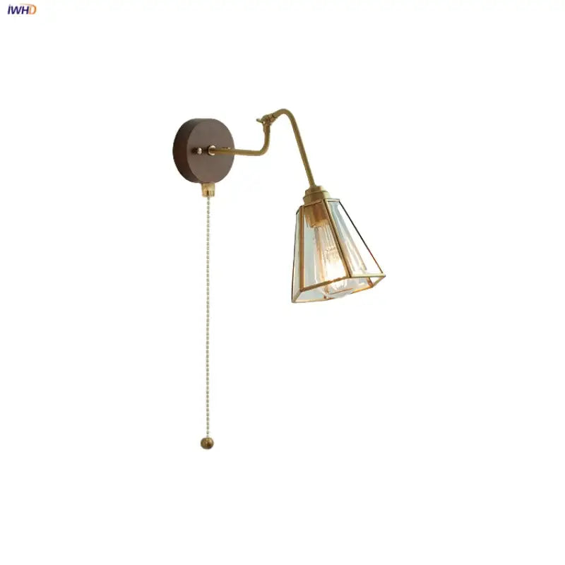 Modern walnut and brass clear glass led wall sconce with brass finish geometric shade and pull chain stair light decorbites clear glass