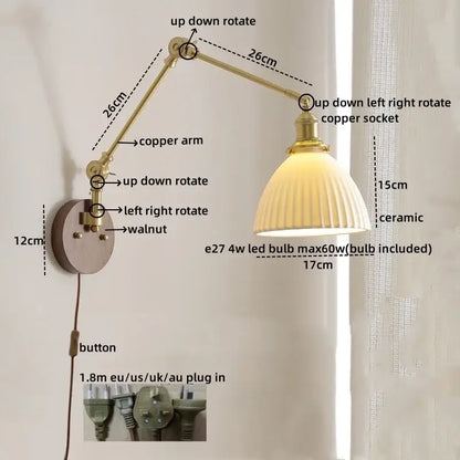 Adjustable brass-finished copper arm wall light with ribbed ceramic shade for modern walnut and brass led wall light decorbites