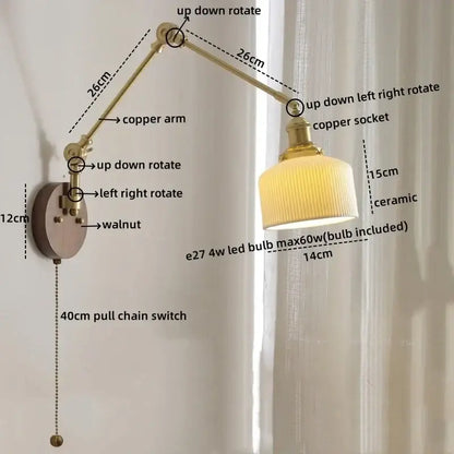 Modern walnut and brass led wall light with adjustable brass sconce and ribbed ceramic shade for decorbites led wall decor