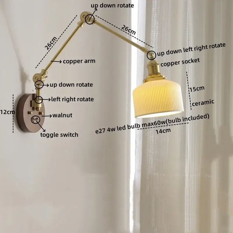 Adjustable brass wall light with ribbed ceramic shade and walnut details modern decorbites led wall light for bedroom