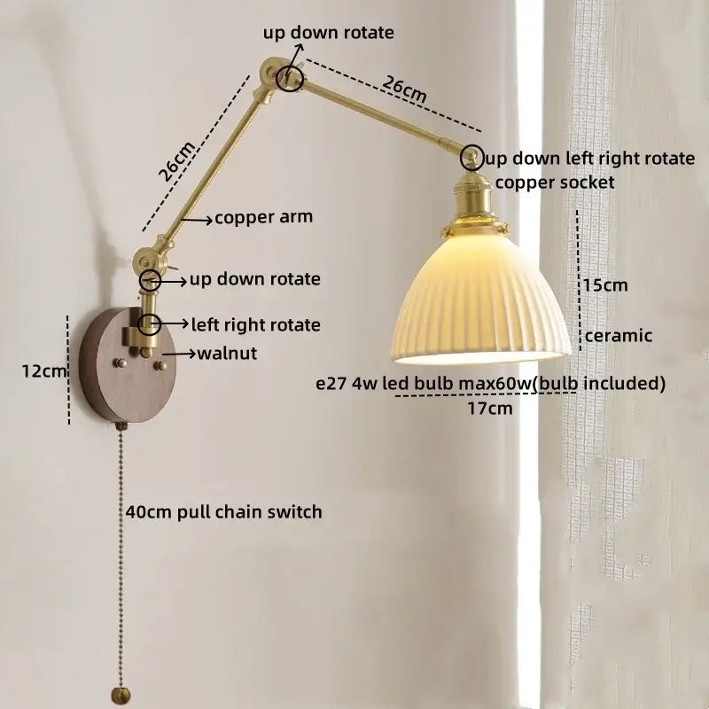 Adjustable brass-arm wall light with ribbed ceramic shade and walnut accents for modern decorbites led wall lighting